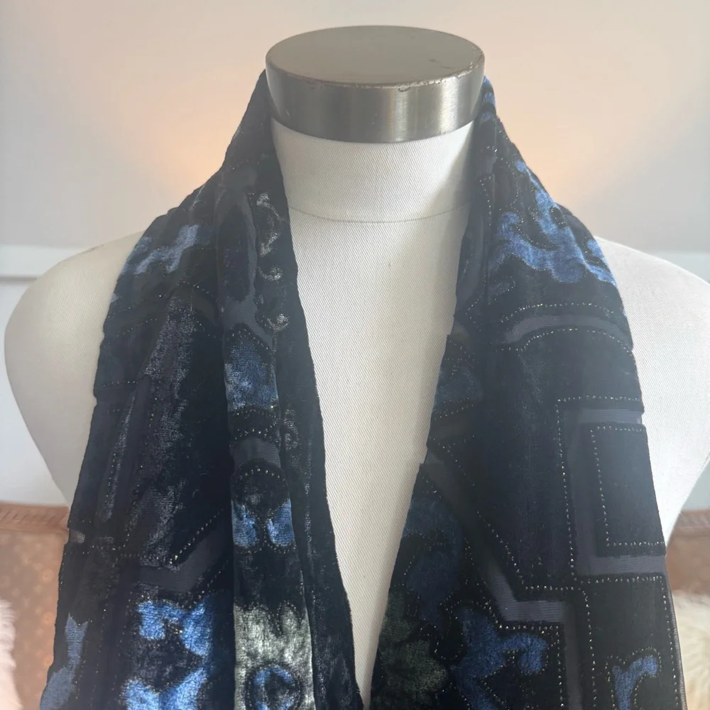 Vintage Black Velvet Silk Blend Floral Boho Grunge Scarf Pashmina